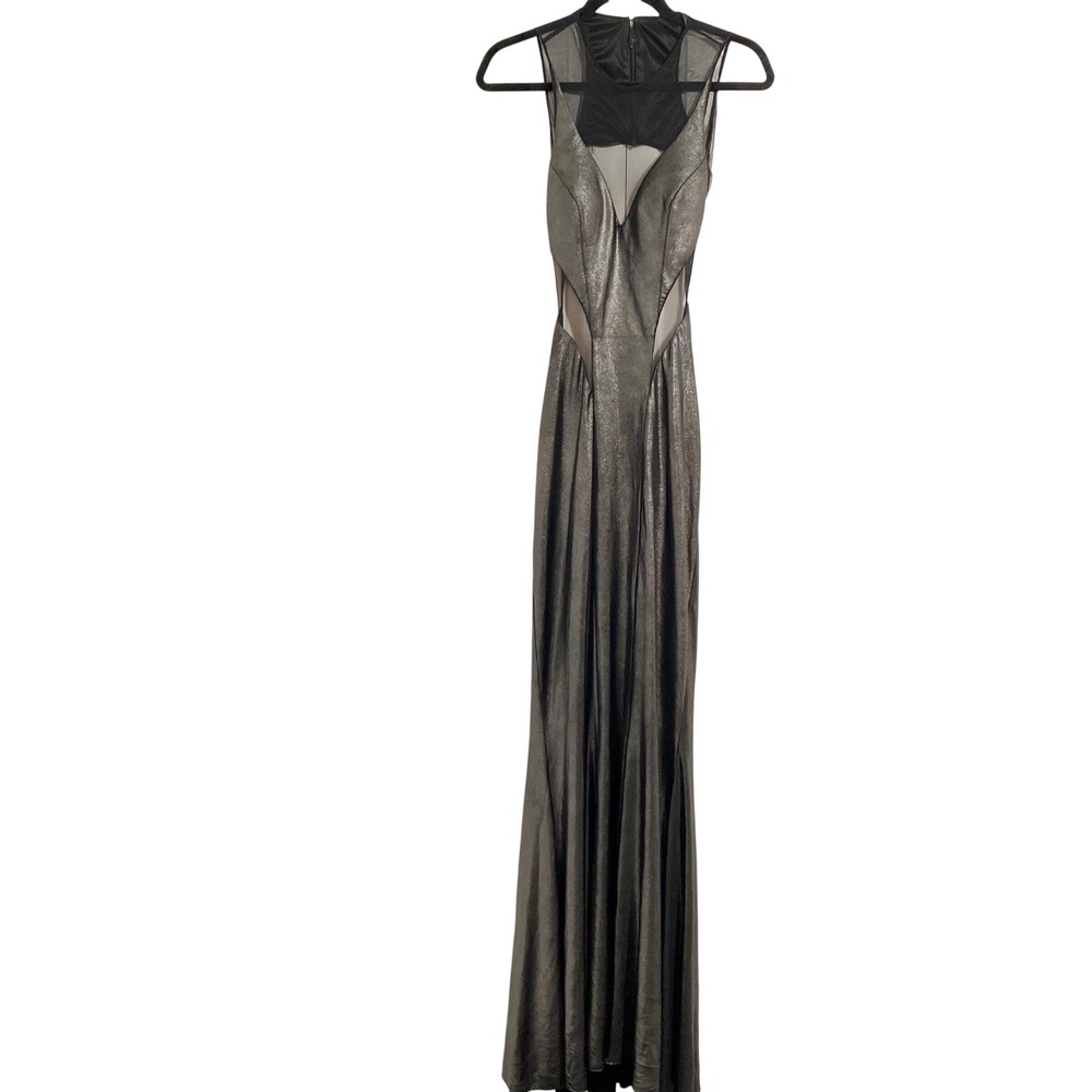 Faviana Metallic Glam Mesh Cutout Gown Womens 10 Pewter Formal Dress - Picture 2 of 9